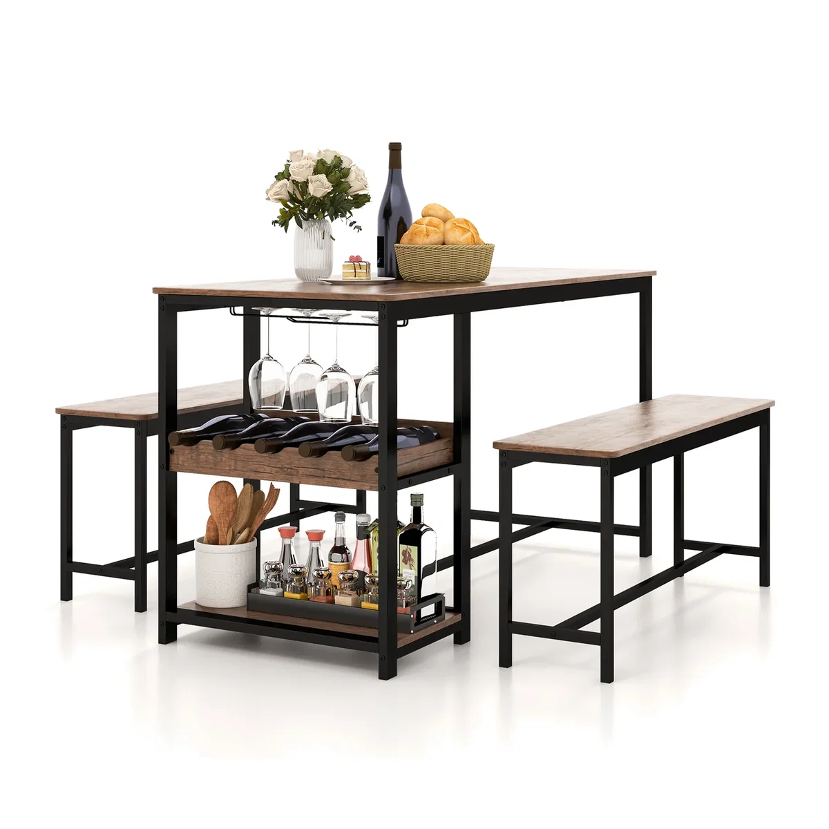 Dining Table Benches Set - Brown