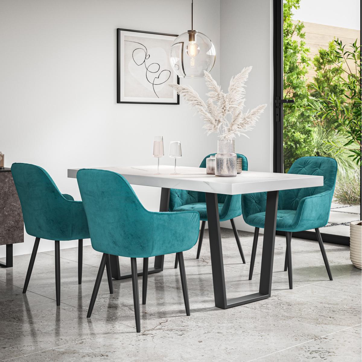 Aria Dining Table And Chairs - Marble Effect Table w 4-6 Anika Velvet Chair - Blue / 6