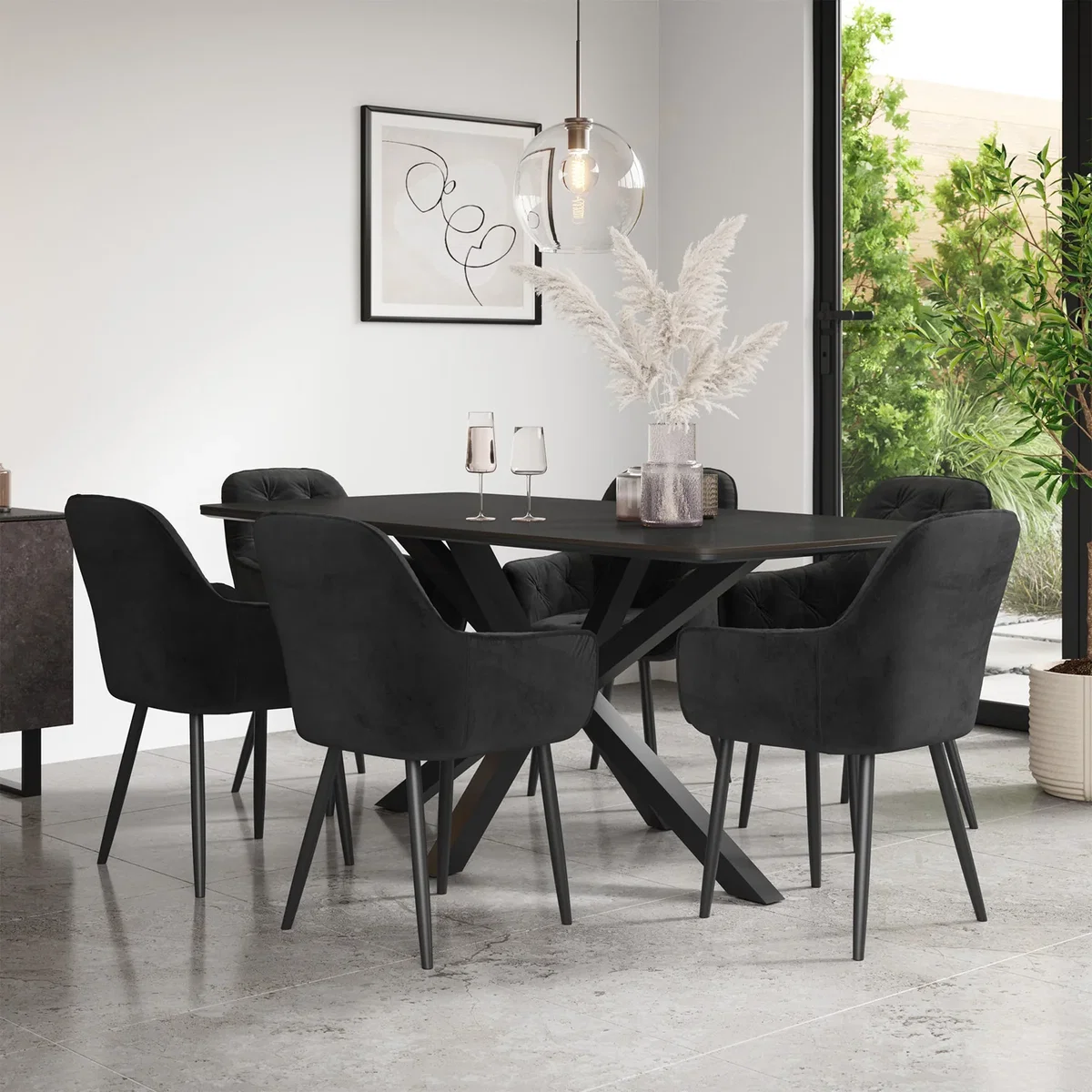 Juno Concrete Ceramic Dining Table With 6 Anika Velvet Black Chairs - Black – image 1