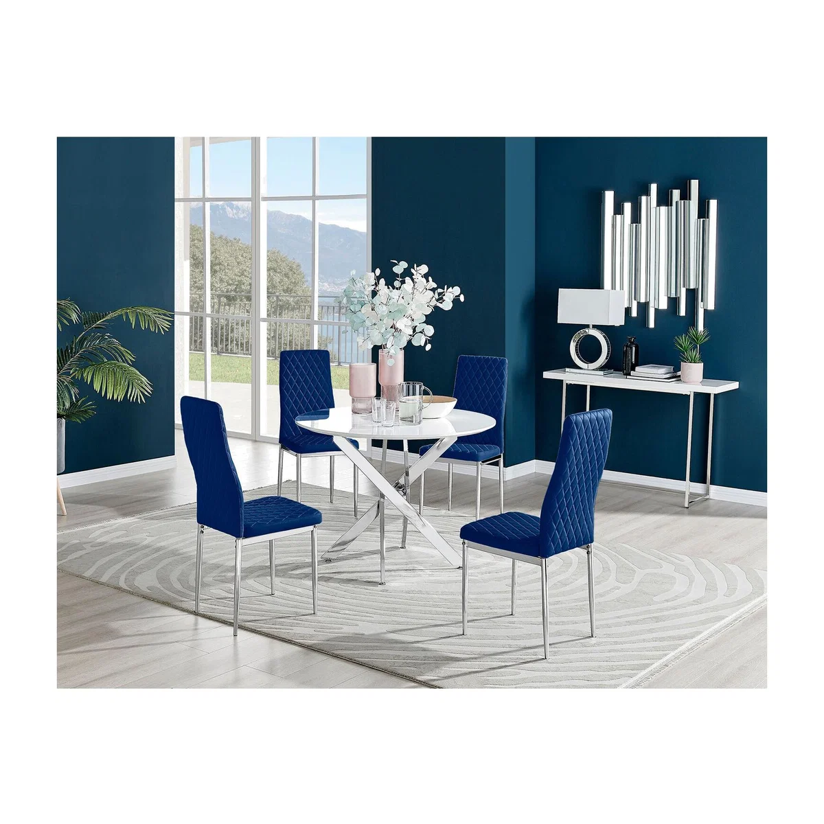 Novara White High Gloss Round Dining Table and 4 Velvet Milan Chairs - Navy