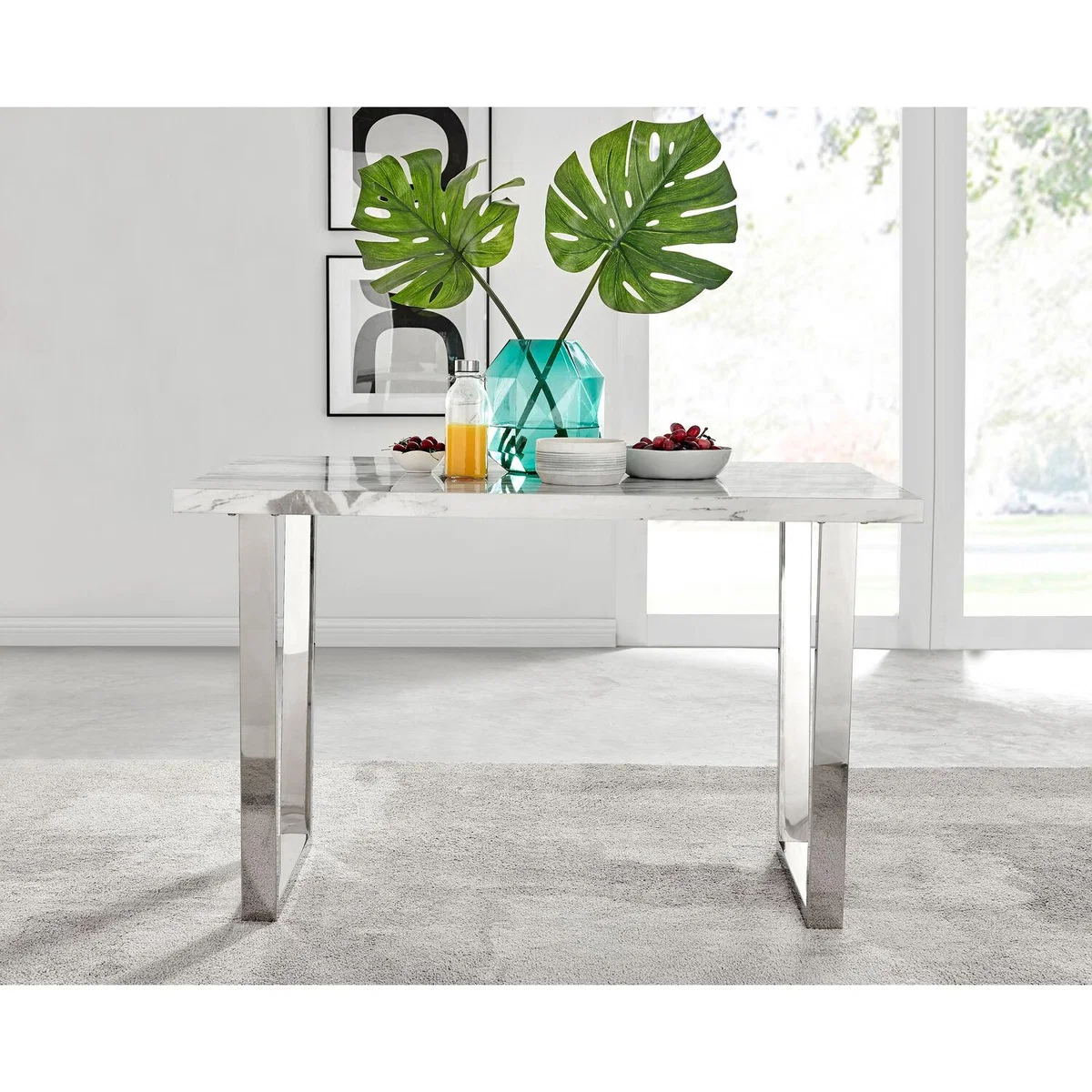 Kylo White Marble Effect Dining Table and 4 Milan Chrome Leg Chairs - Mustard – image 2