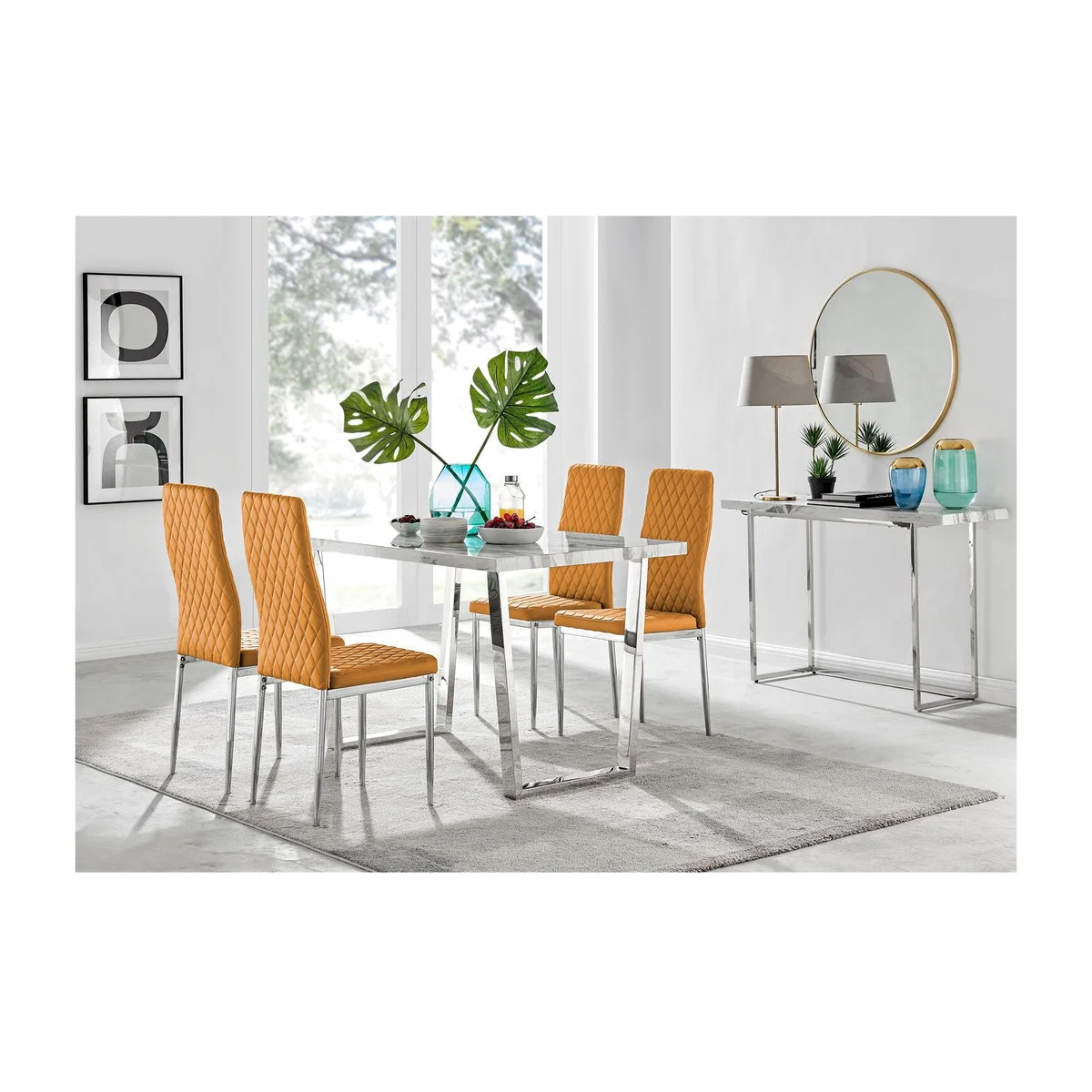 Kylo White Marble Effect Dining Table and 4 Milan Chrome Leg Chairs - Mustard – image 1