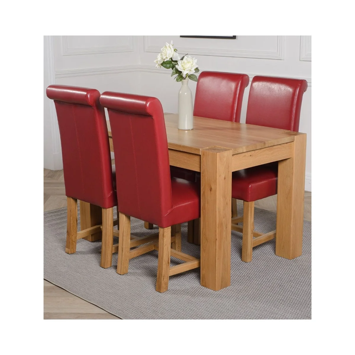 Kuba 125x80cm Chunky Oak Small Dining Table and 4 Washington Leather Chairs - Red – image 12