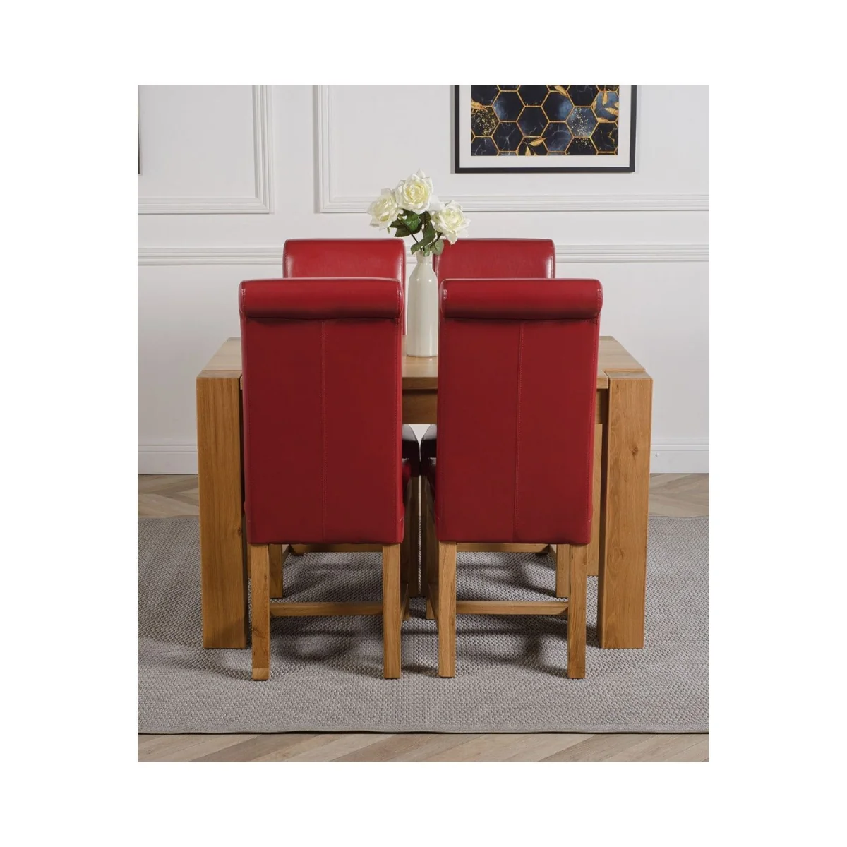 Kuba 125x80cm Chunky Oak Small Dining Table and 4 Washington Leather Chairs - Red – image 13