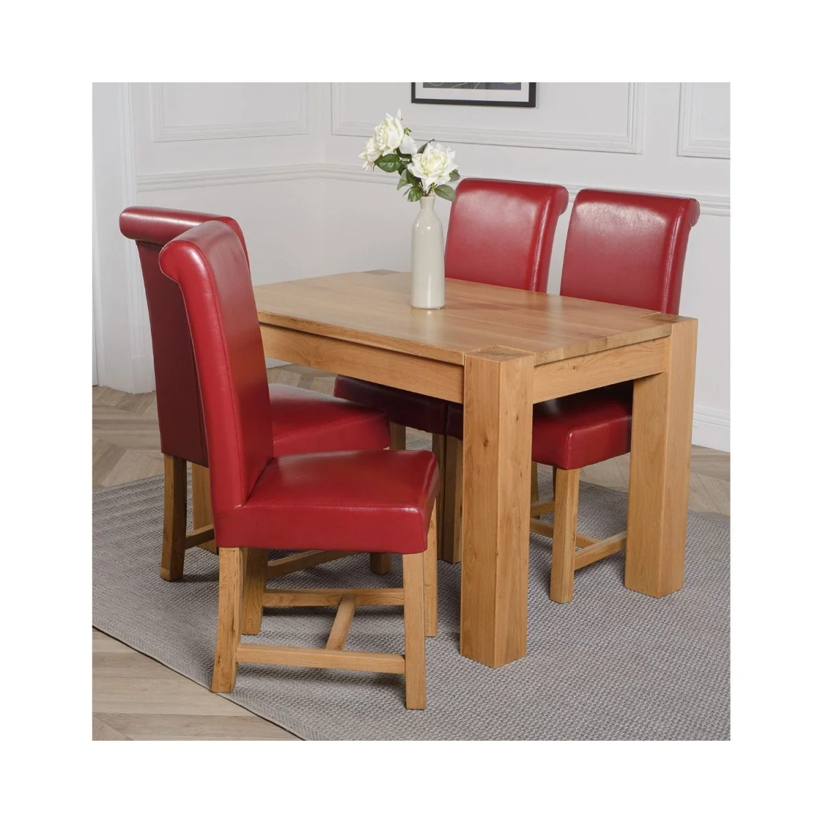 Kuba 125x80cm Chunky Oak Small Dining Table and 4 Washington Leather Chairs - Red – image 14