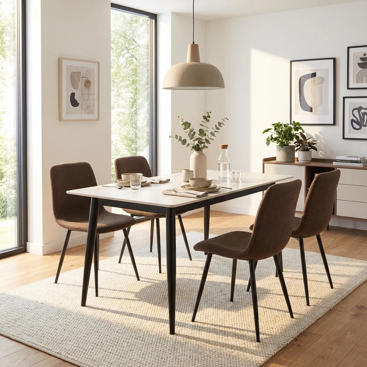 FWStyle 5 Cream Sintered Stone Piece Dining Set Table Dark Brown Chairs - Cream – image 1