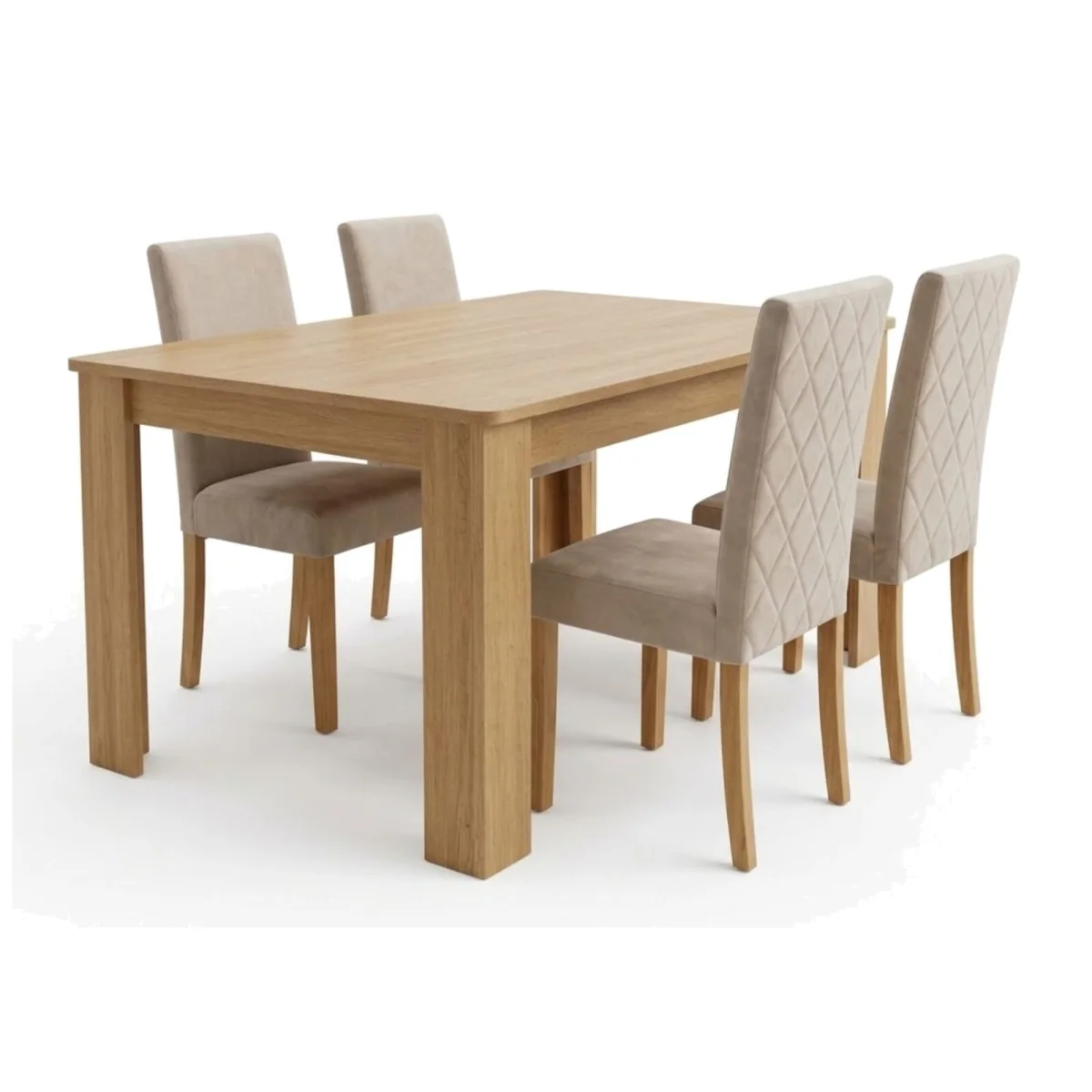 Diamond Stitch 4 Seater Dining Set with Oak Effect Table and 4 Cream Velvet Chairs with Wooden Legs - Cream – image 1