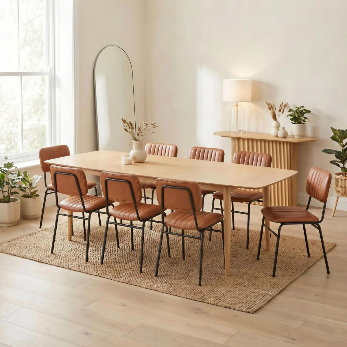 Leif Oak Veneer Wood Extending Dining Table with 8 Delta Chairs - Tan – image 9