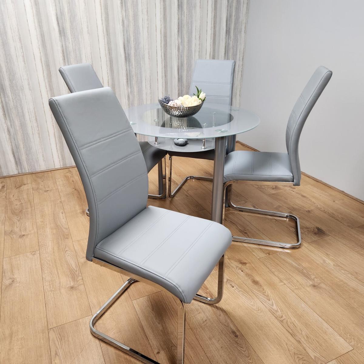 Round Glass Grey Dining Table With Storage Shelf And 4 Grey Padded Chairs - Grey