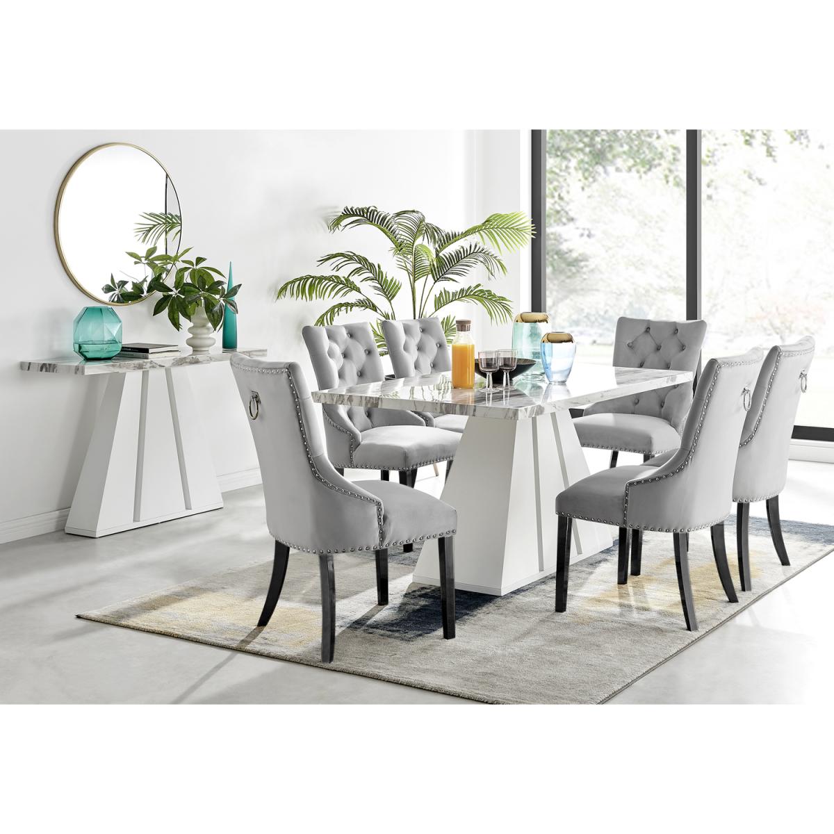 Athens White Marble Dining Table and 6 Belgravia Black Leg Chairs - Blue – image 22