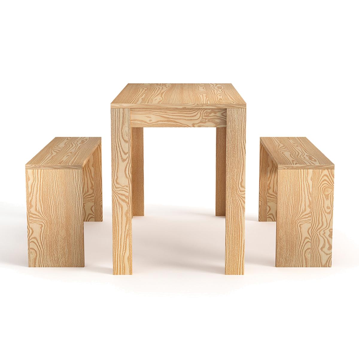 Classic Dining Table Set with Two Space-Saving Benches - Natural Wood