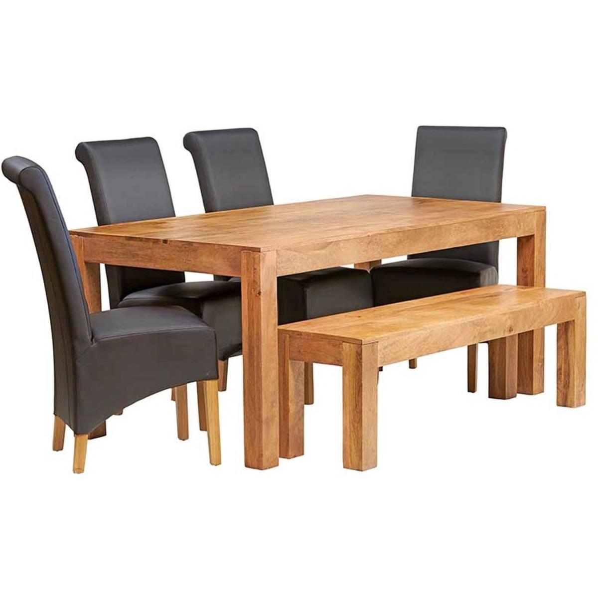 Solid Light Mango Wood 6 FT Dining Set with Bench and 4 Leather Chairs - Light Wood – image 4