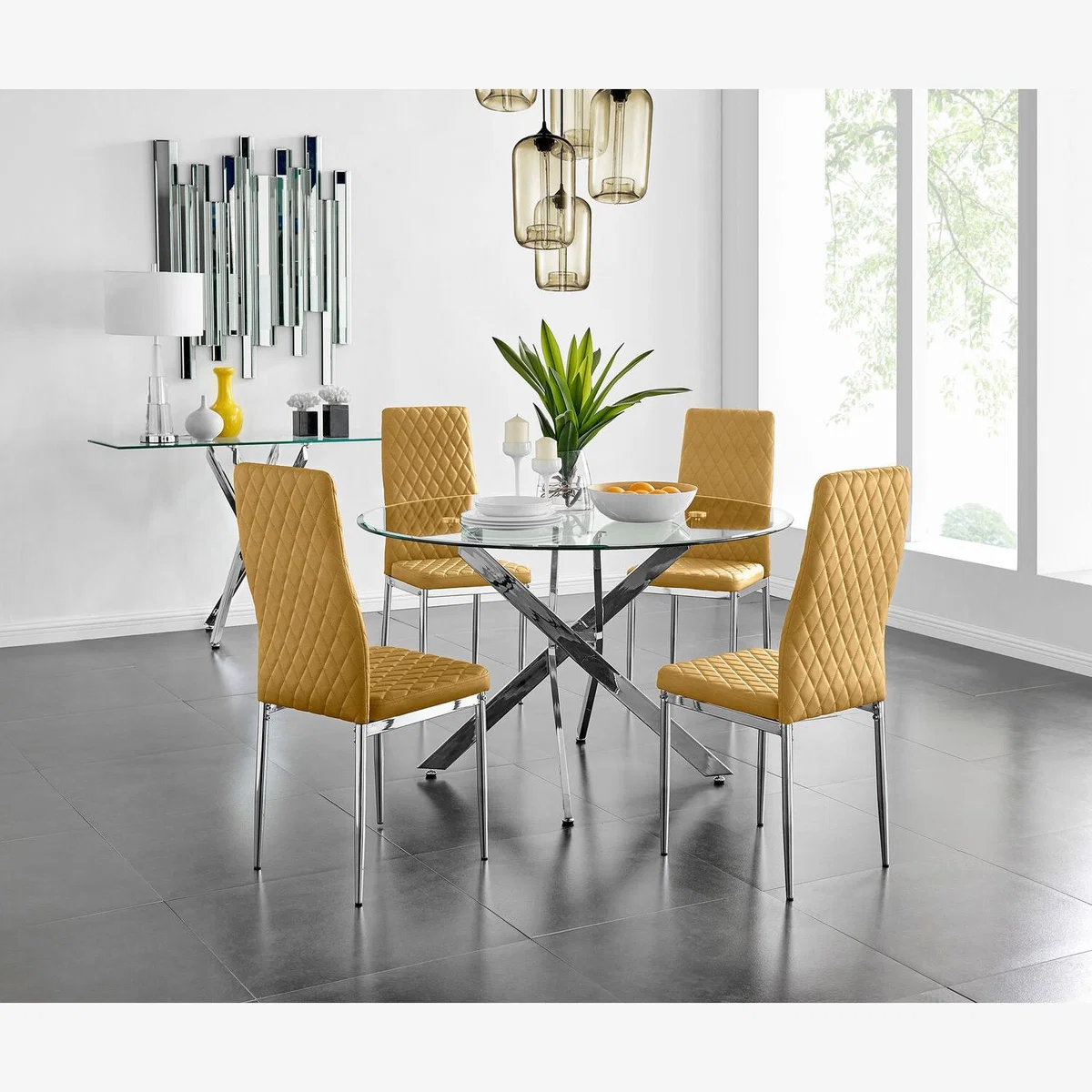 Novara 120cm Round Dining Table and 4 Velvet Milan Chairs - Mustard