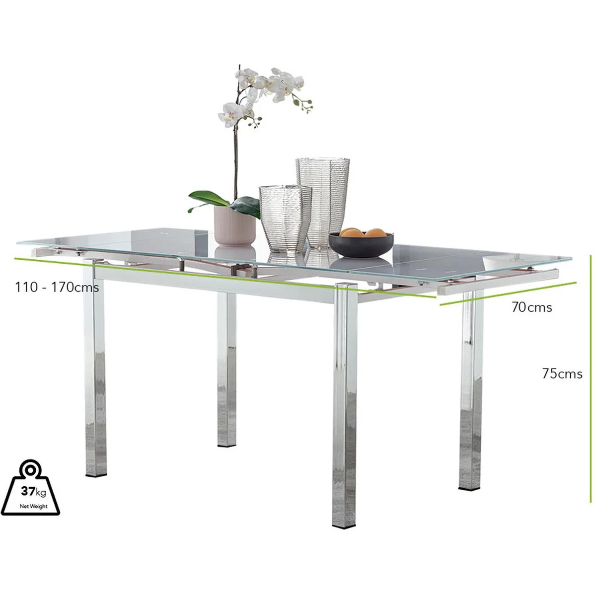 Enna White Glass Extending Dining Table With Four Pesaro Silver Leg Chairs - Green – image 7