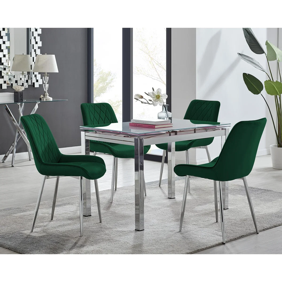 Enna White Glass Extending Dining Table With Four Pesaro Silver Leg Chairs - Green – image 8