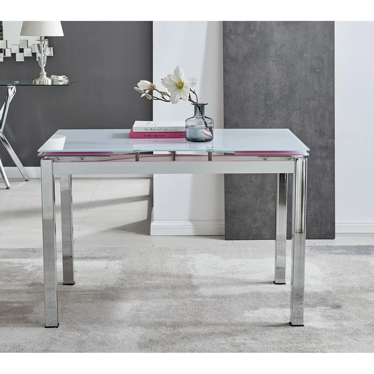 Enna White Glass Extending Dining Table With Four Pesaro Silver Leg Chairs - Green – image 9