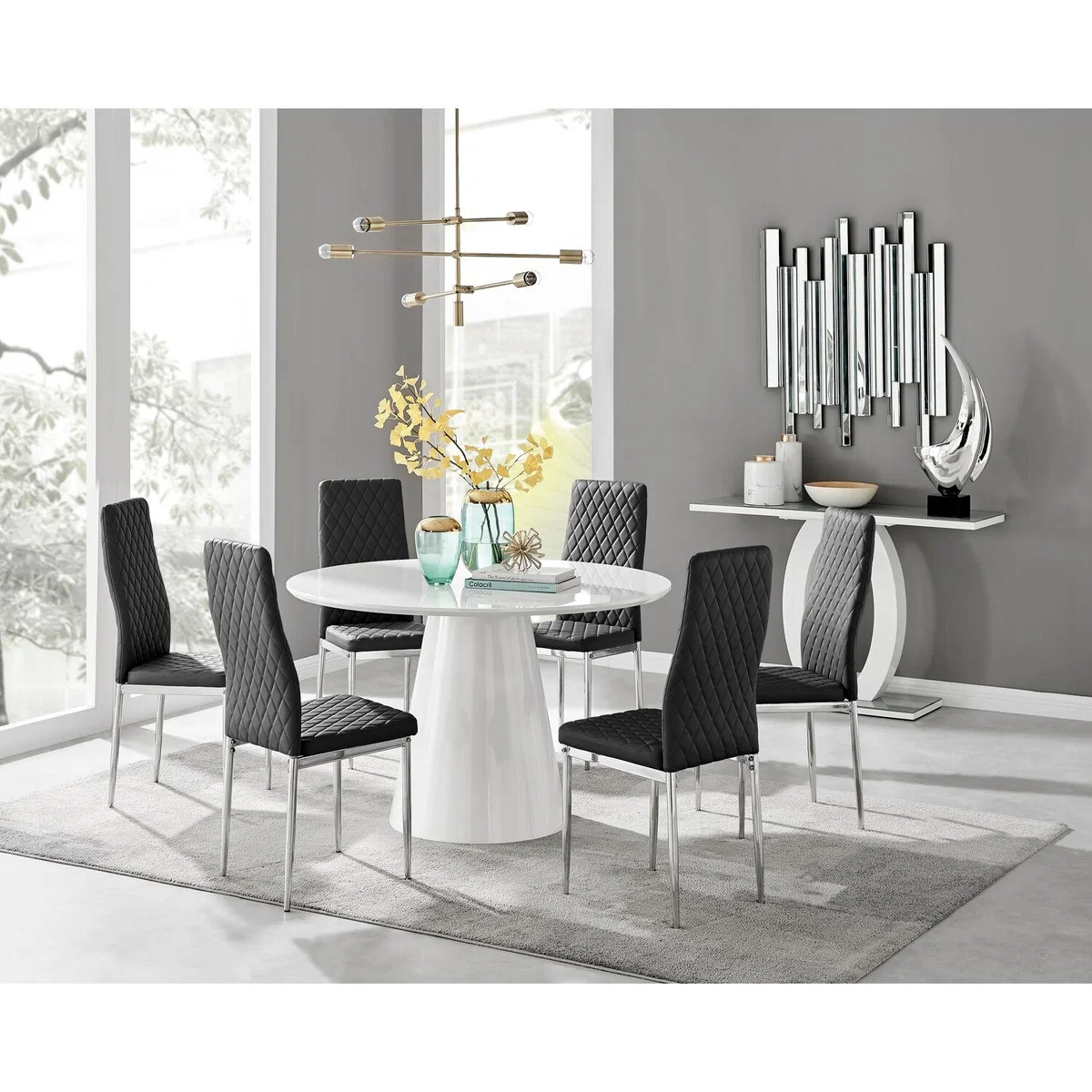 Palma White High Gloss Round Dining Table and 6 Milan Chrome Leg Chairs - Black – image 14