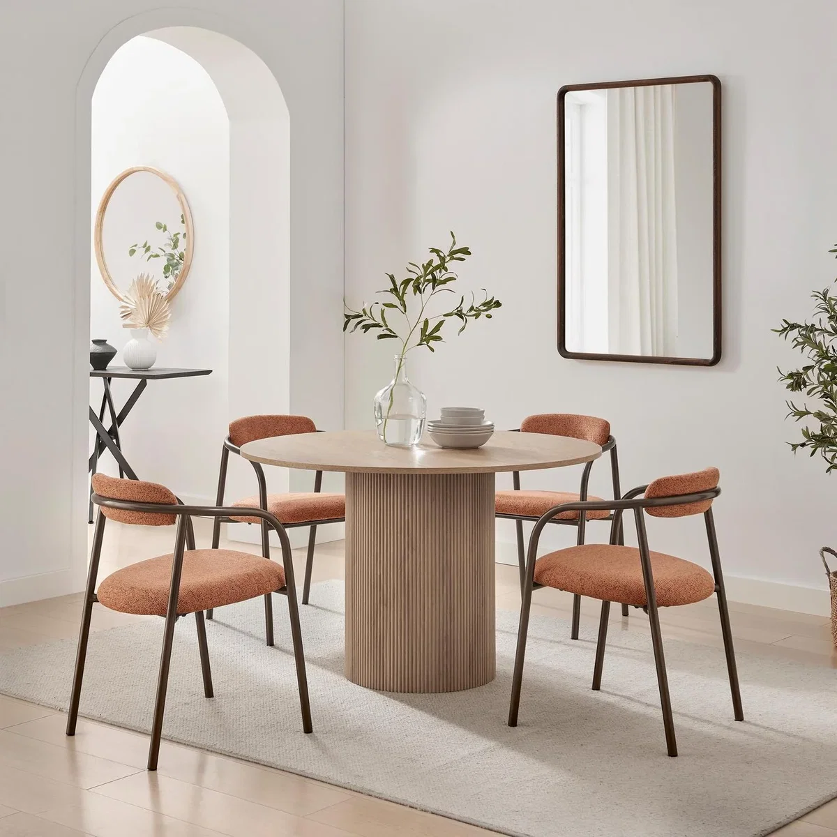 Penrose Round Oak Effect Wood Dining Table 4 Rhea Chairs - Terracotta – image 1