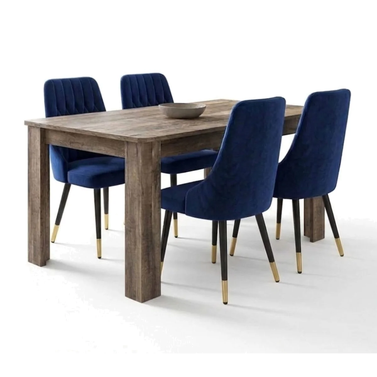 Rustic Wood Effect Dining Table and 4 Blue High Back Velvet Chairs with Gold Tip Legs 4 Seater Set - Blue – image 1