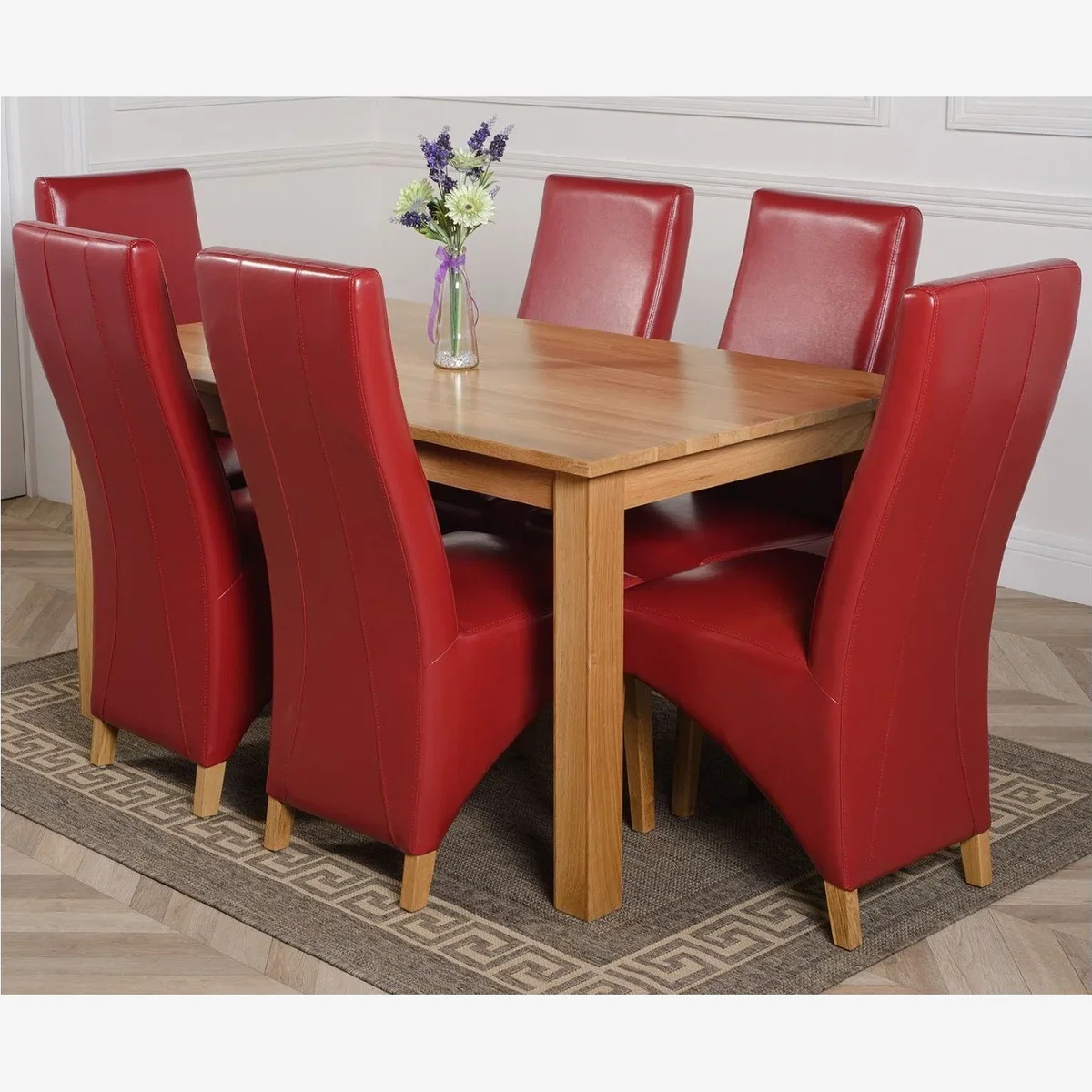 Oslo 150 x 90 cm Medium Oak Dining Table and 6 Lola Leather Chairs - Red – image 1