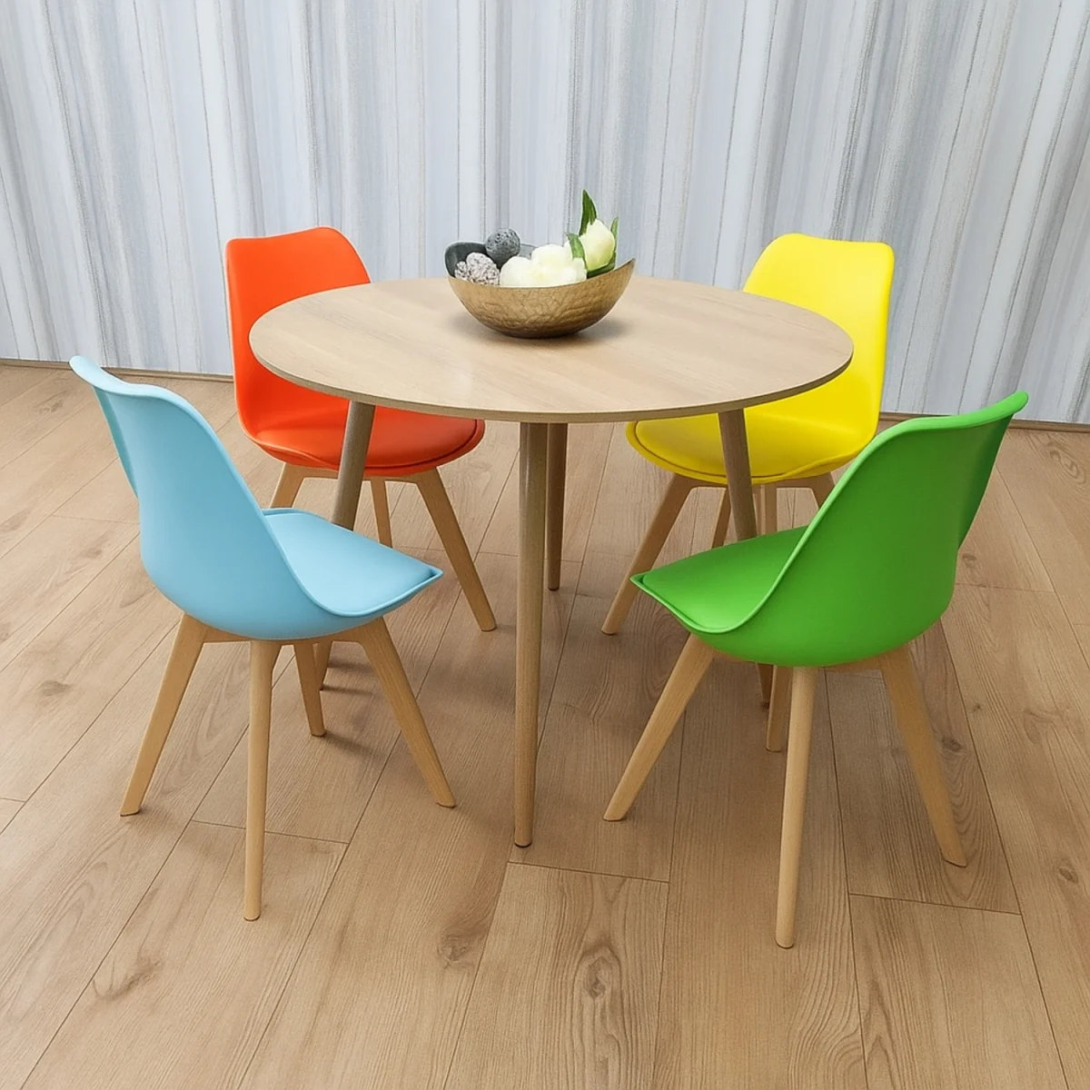 Modern Round Dining Table Set With 4 colourful plastic Chairs Dining Room Furniture - Brown – image 1