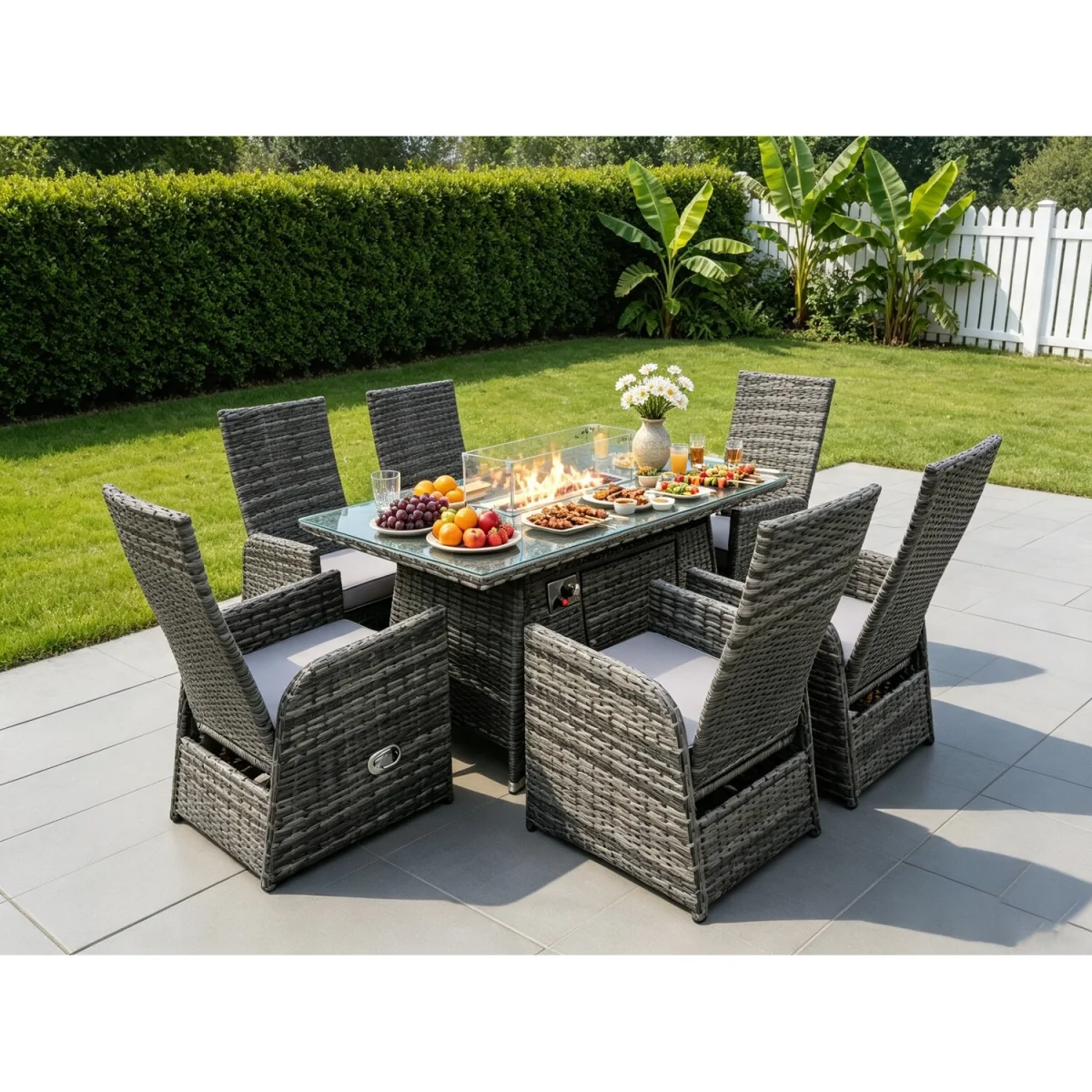 Rattan 6 Seater Gas Fire Pit Rectangular Dining Set Reclining Chairs - Dark Grey Mixed – image 2