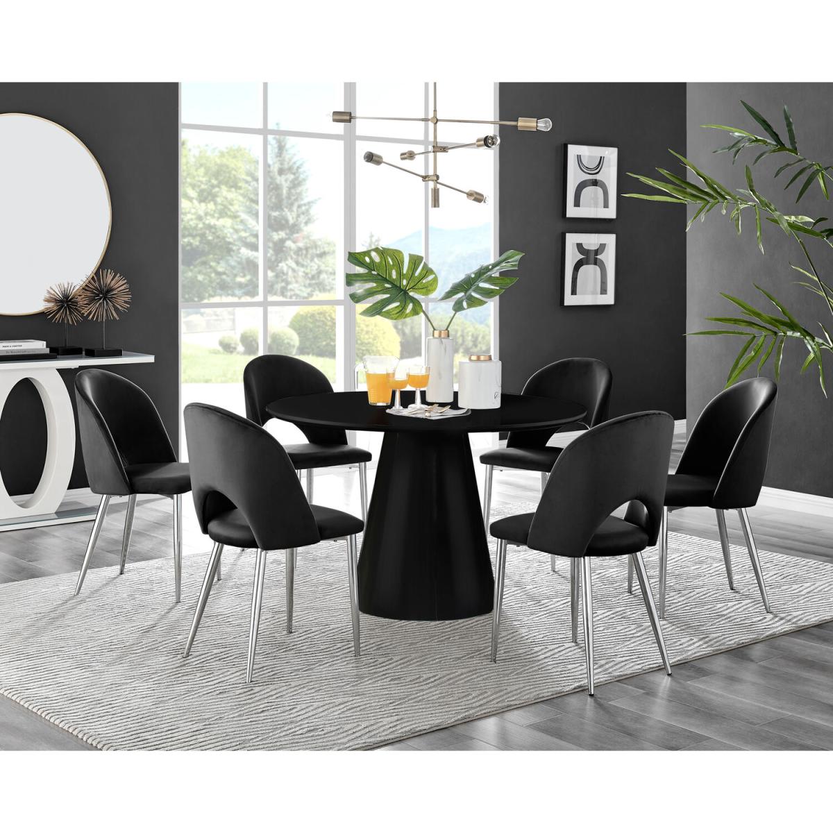 Palma Black High Gloss Round Dining Table and 6 Arlon Silver Leg Chairs - Grey – image 15