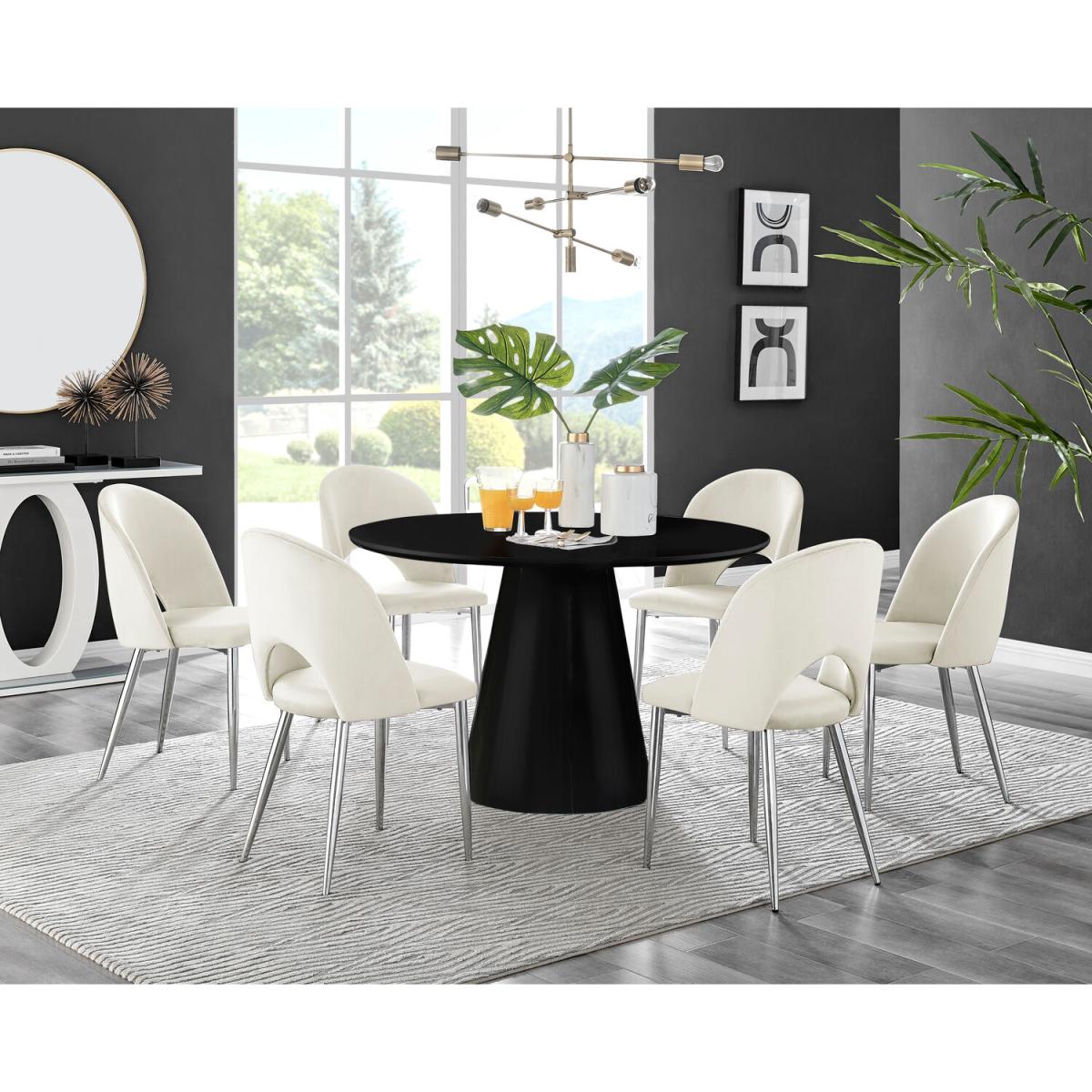 Palma Black High Gloss Round Dining Table and 6 Arlon Silver Leg Chairs - Grey – image 29