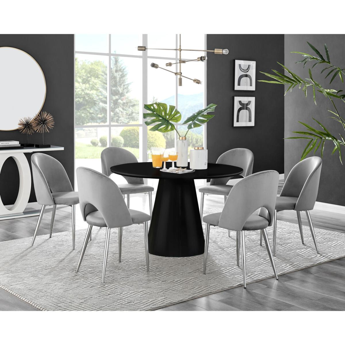 Palma Black High Gloss Round Dining Table and 6 Arlon Silver Leg Chairs - Grey – image 37