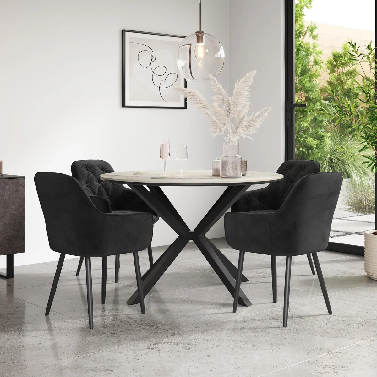 Calne Calcutta Gold Ceramic Round Dining Table With 4 Anika Velvet Chairs - Black – image 1