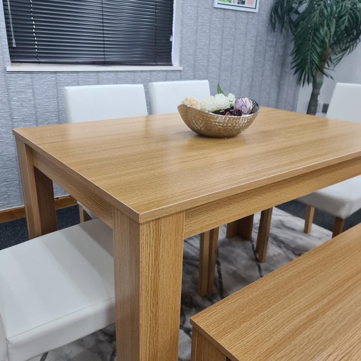 Modern Wooden Oak Dining Table with Chairs and Bench - Cream – image 11