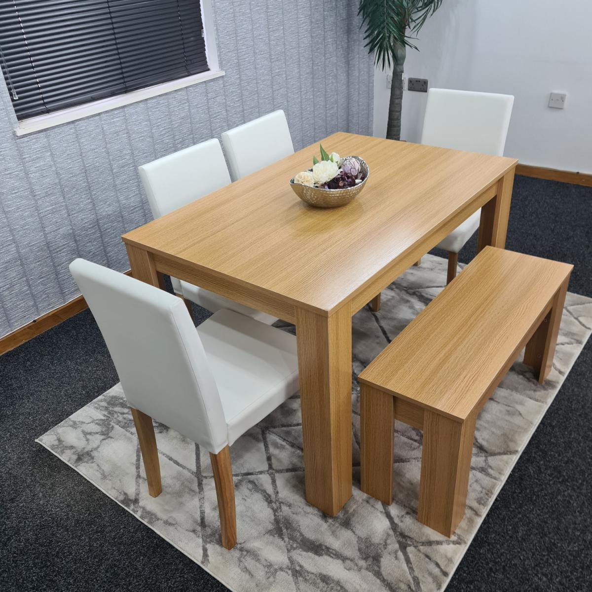 Modern Wooden Oak Dining Table with Chairs and Bench - Cream – image 12
