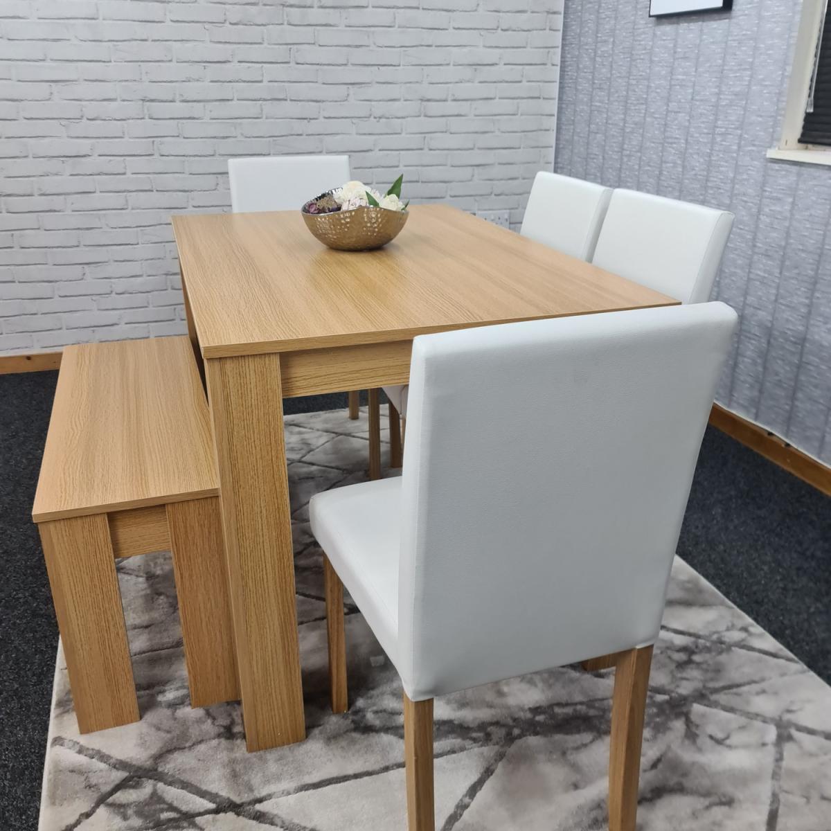 Modern Wooden Oak Dining Table with Chairs and Bench - Cream – image 13
