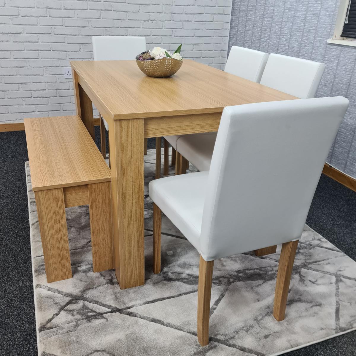 Modern Wooden Oak Dining Table with Chairs and Bench - Cream – image 14