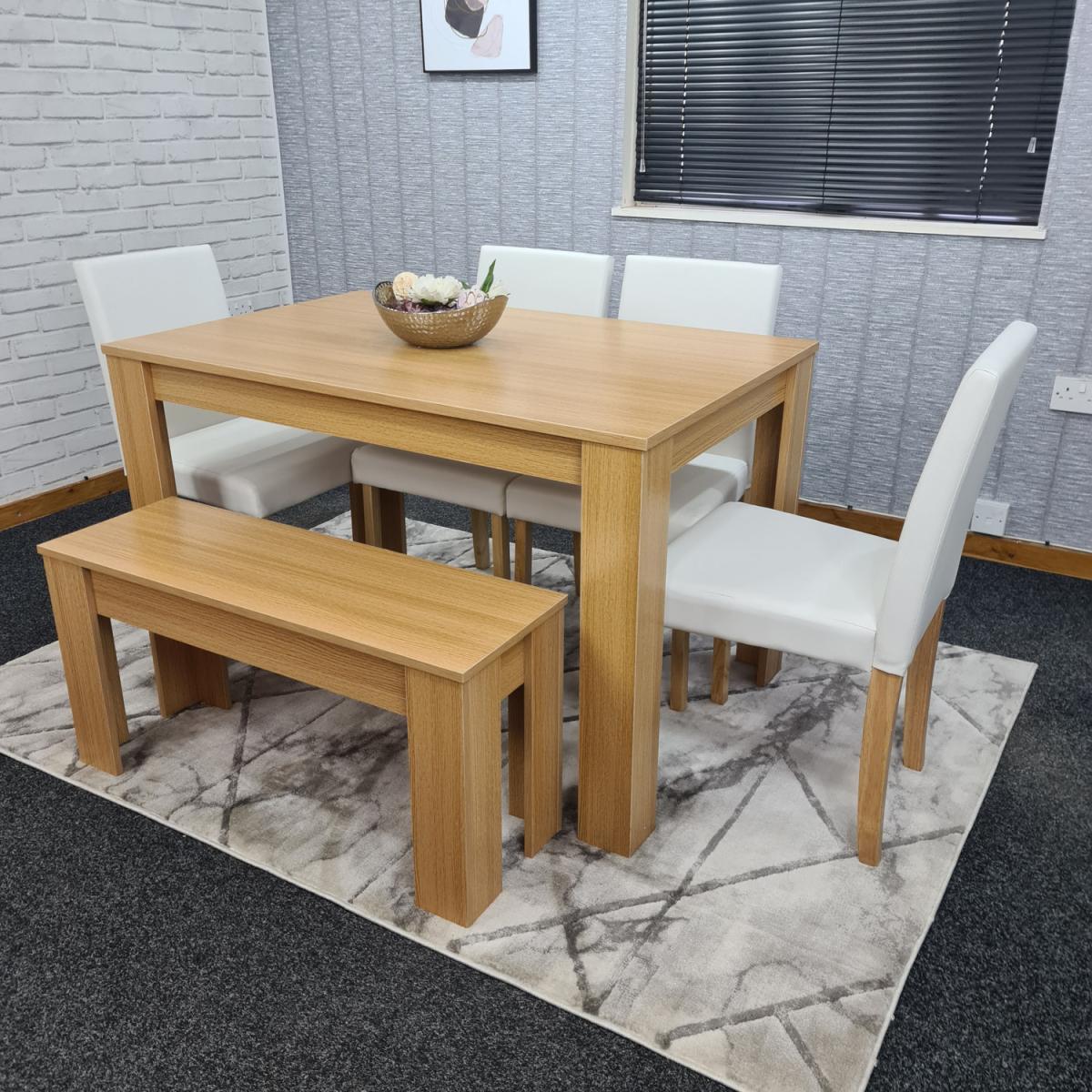 Modern Wooden Oak Dining Table with Chairs and Bench - Cream – image 15