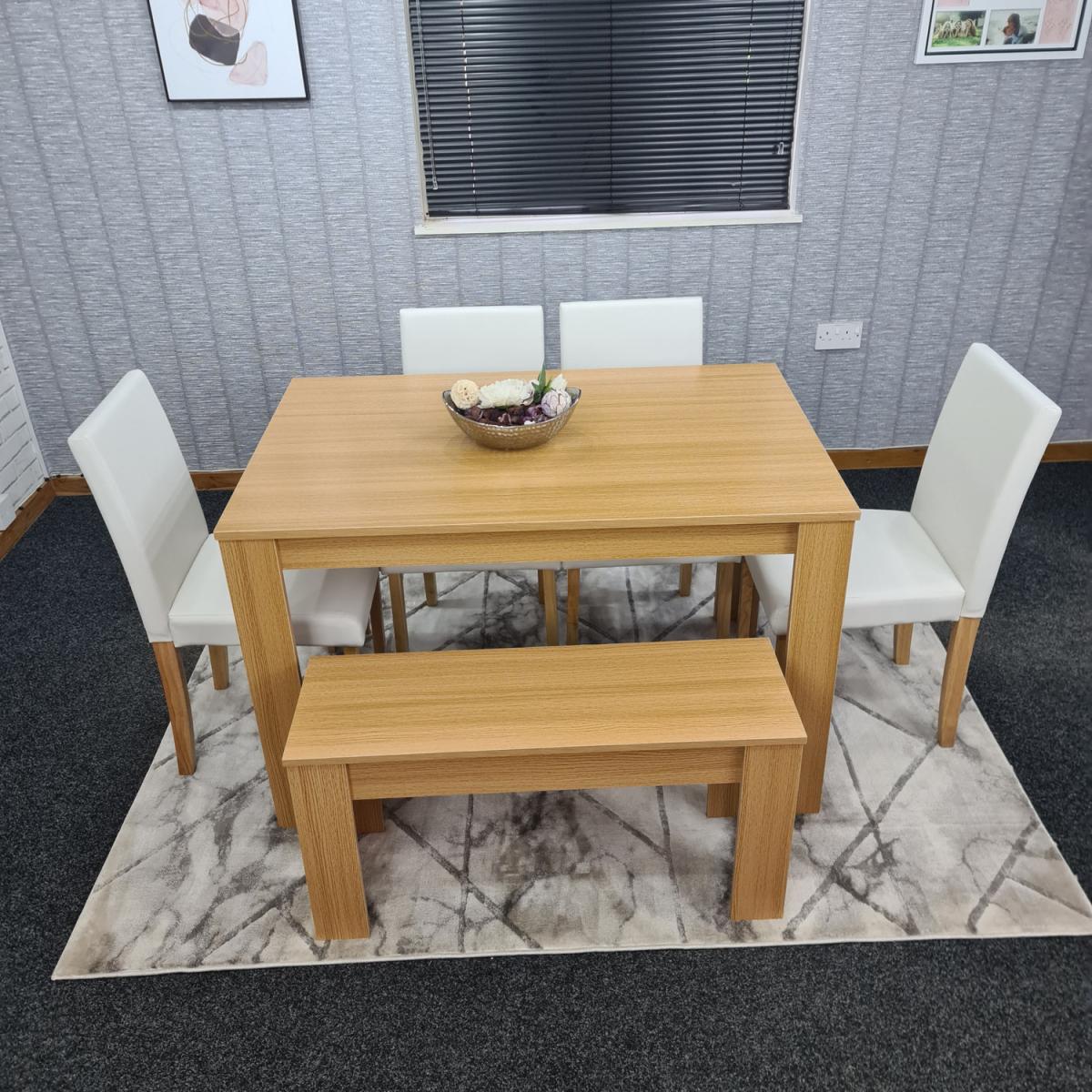 Modern Wooden Oak Dining Table with Chairs and Bench - Cream – image 16