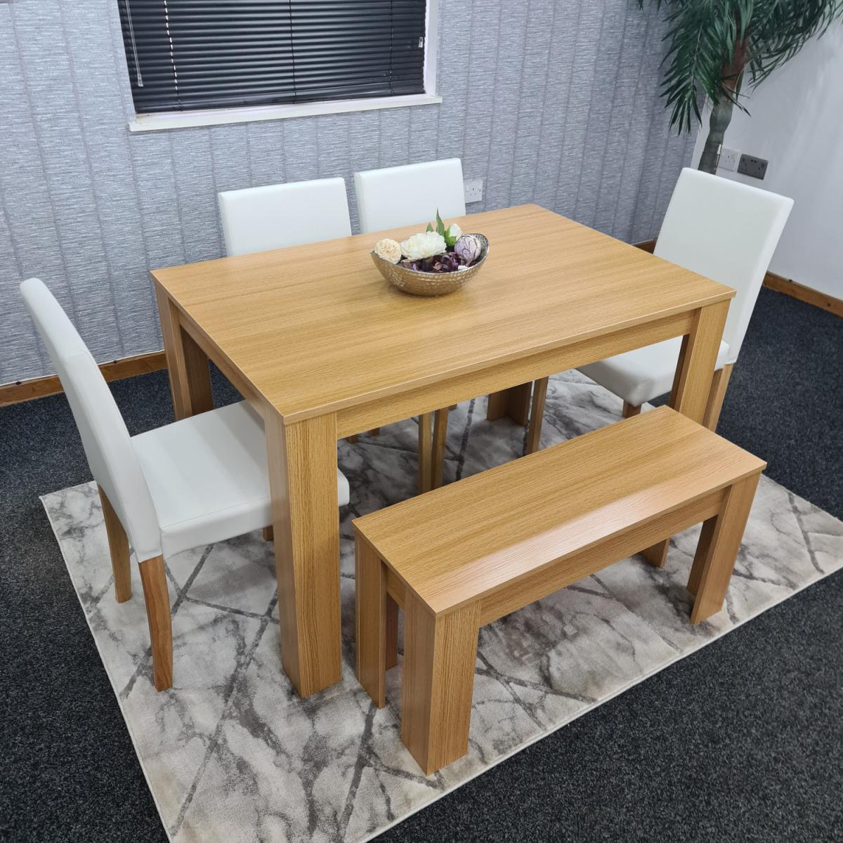 Modern Wooden Oak Dining Table with Chairs and Bench - Cream – image 17