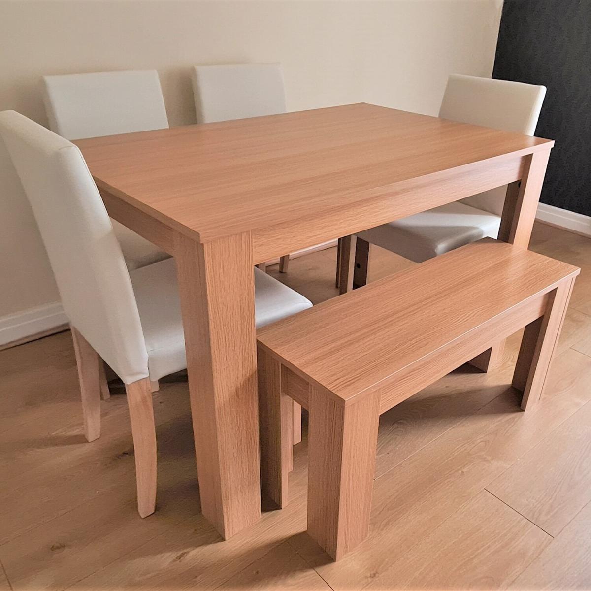 Modern Wooden Oak Dining Table with Chairs and Bench - Cream – image 18