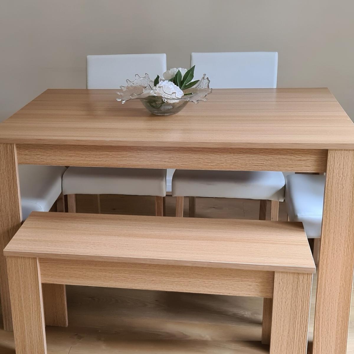 Modern Wooden Oak Dining Table with Chairs and Bench - Cream – image 3