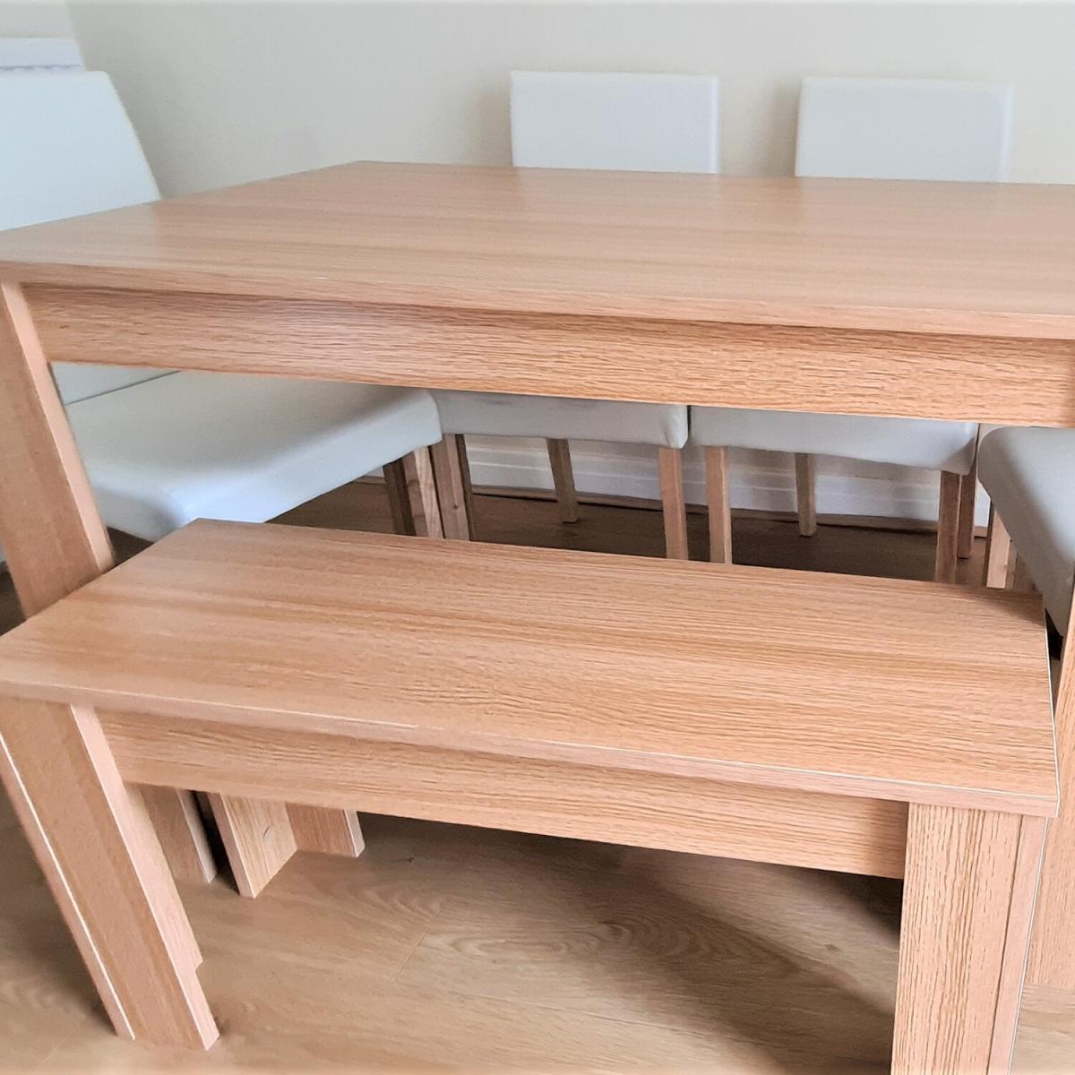 Modern Wooden Oak Dining Table with Chairs and Bench - Cream – image 4