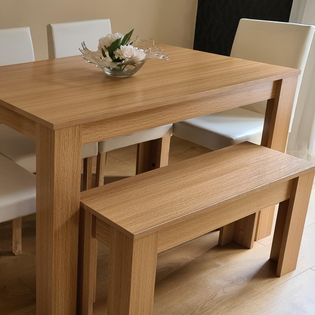 Modern Wooden Oak Dining Table with Chairs and Bench - Cream – image 5