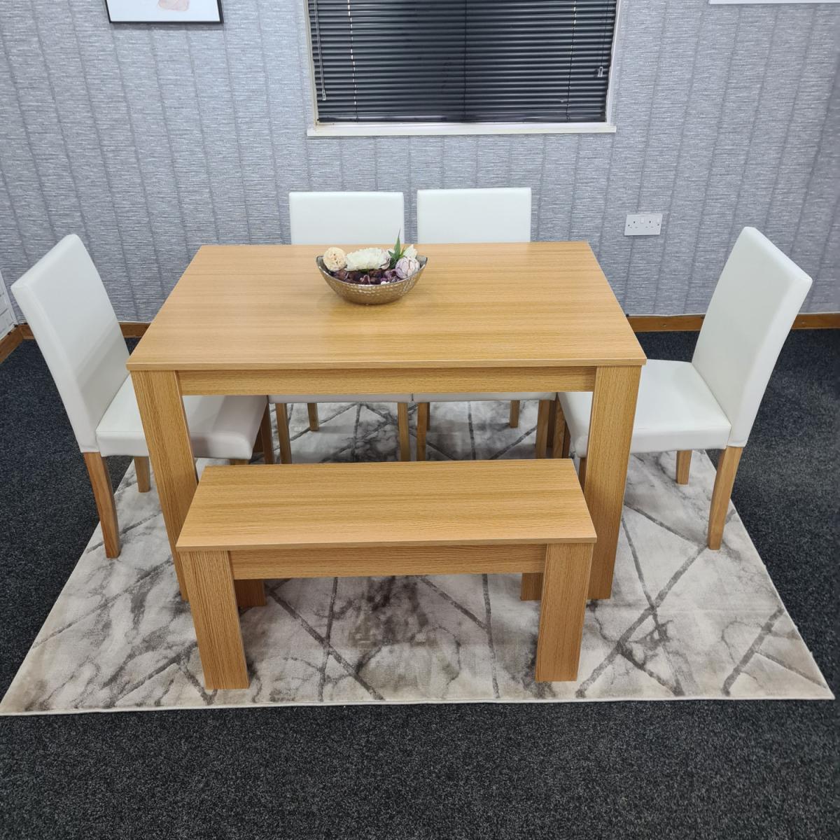 Modern Wooden Oak Dining Table with Chairs and Bench - Cream – image 7