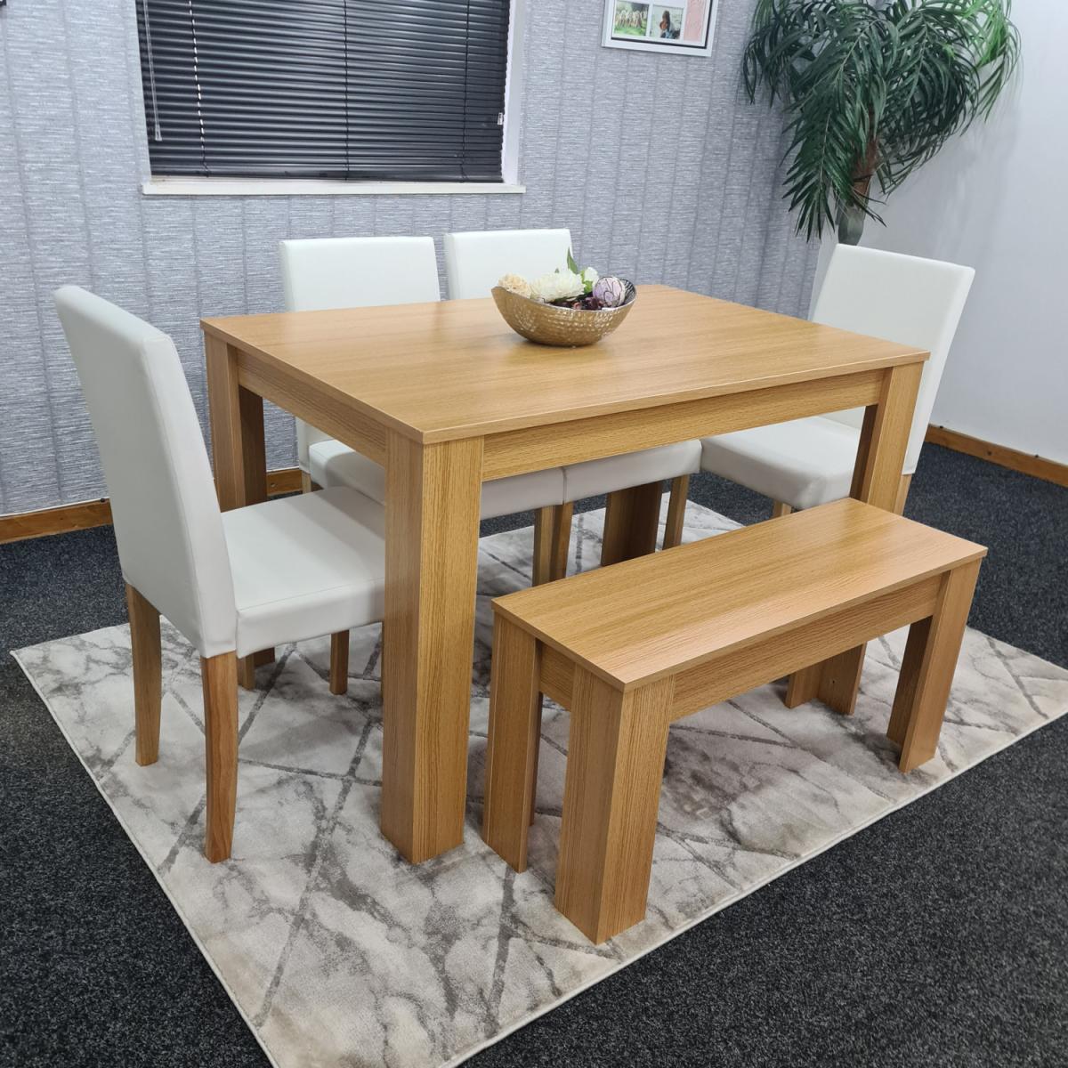 Modern Wooden Oak Dining Table with Chairs and Bench - Cream – image 8