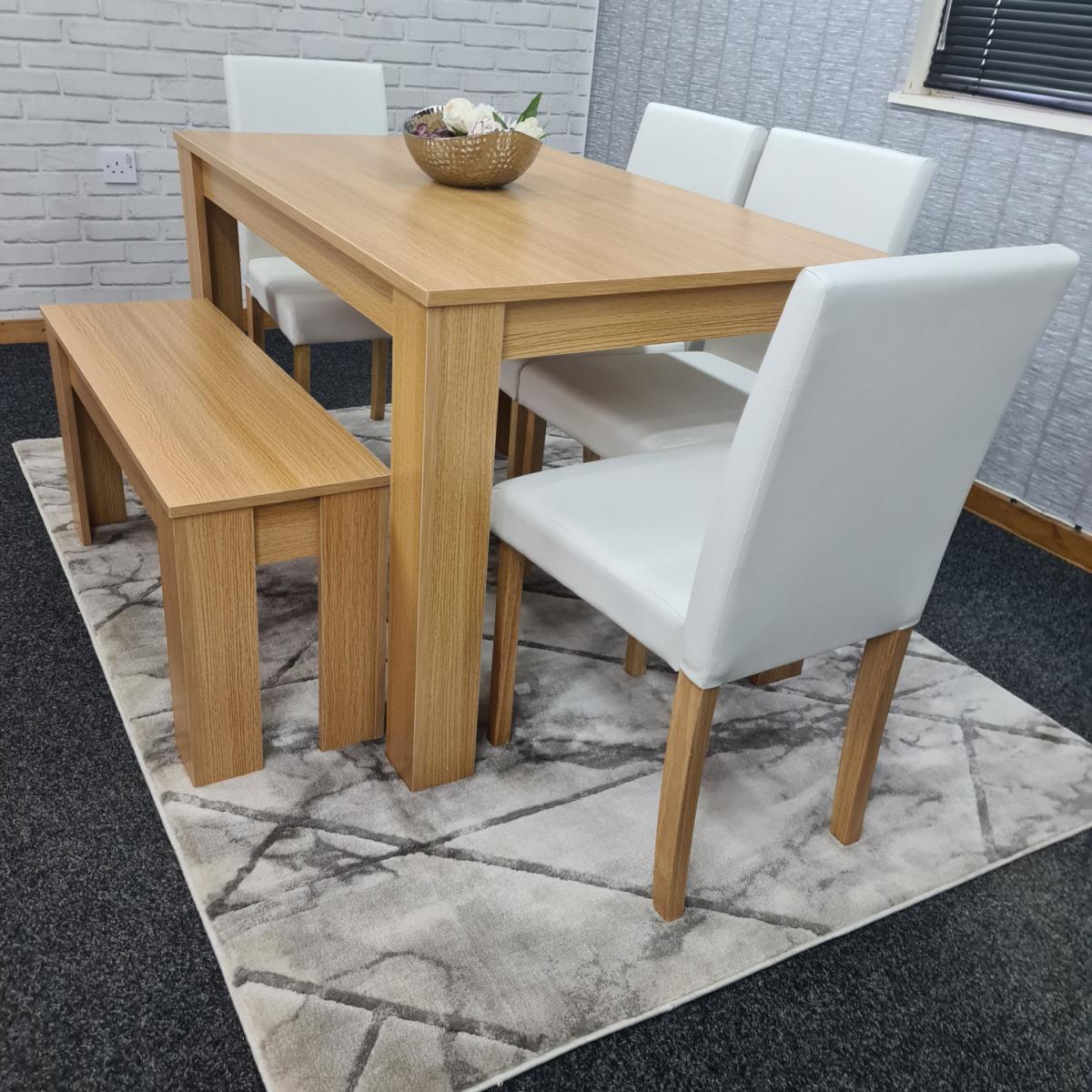 Modern Wooden Oak Dining Table with Chairs and Bench - Cream – image 9