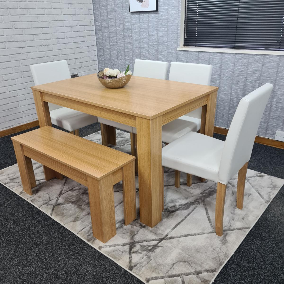 Modern Wooden Oak Dining Table with Chairs and Bench - Cream – image 10