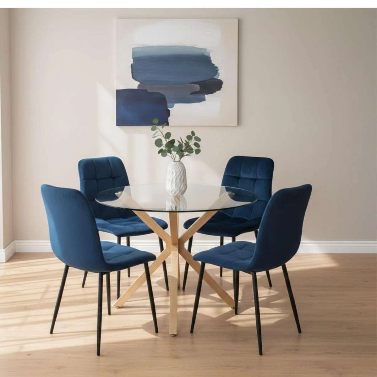 Round Glass Dining Table Set With 4 Blue velvet Chairs Dining Room Furniture - Neutral – image 1