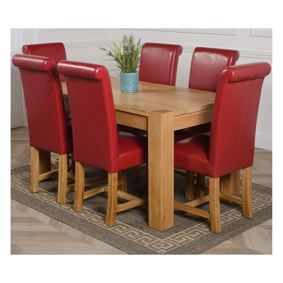 Kuba 150 x 85 cm Medium Oak Dining Table and 6 Washington Leather Chairs - Red – image 26
