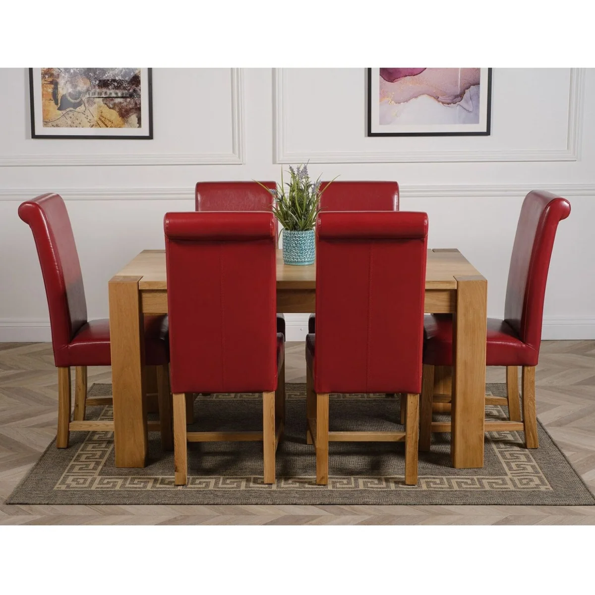 Kuba 150 x 85 cm Medium Oak Dining Table and 6 Washington Leather Chairs - Red – image 27
