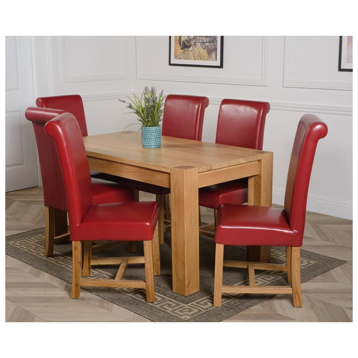 Kuba 150 x 85 cm Medium Oak Dining Table and 6 Washington Leather Chairs - Red – image 28