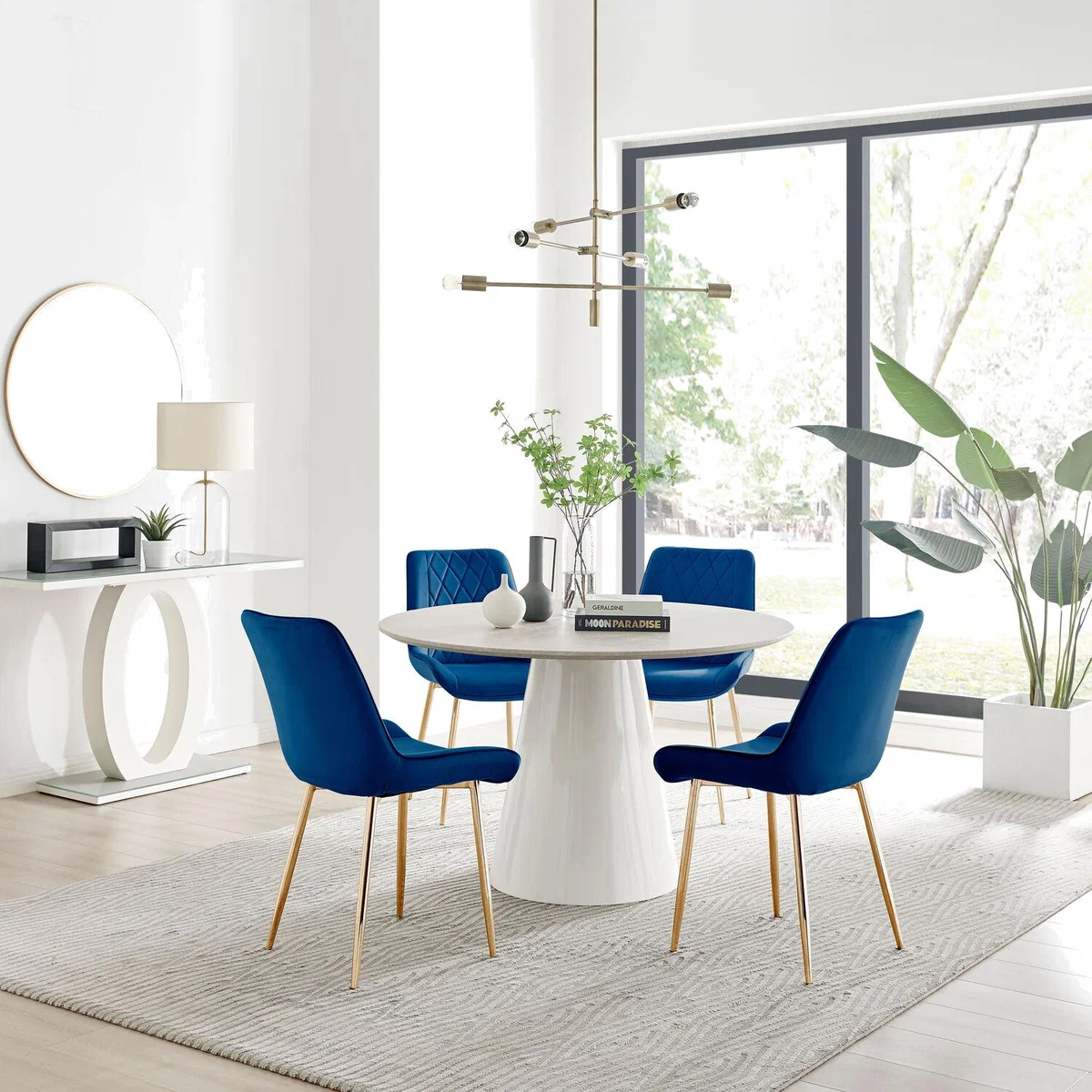 Palma Beige Stone Effect Round Dining Table and 4 Pesaro Gold Leg Chairs - Navy